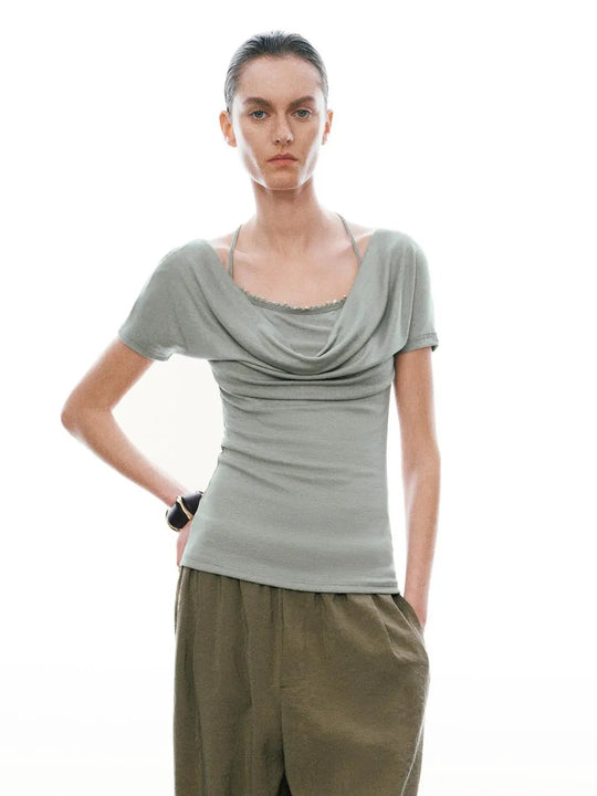 Lyocell Cowl Neck Halter Skinny-Fit T-Shirts
