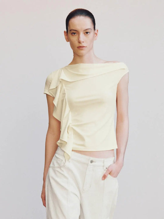 Ruffle Detail One Shoulder Asymmetric Casual T-Shirt