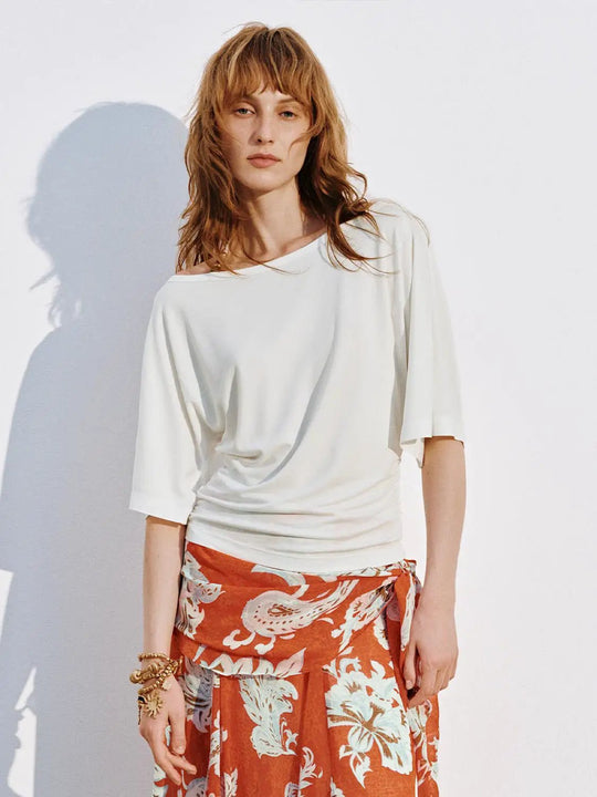 Beaded Halter Strap Ruched Boat Neck T Shirts