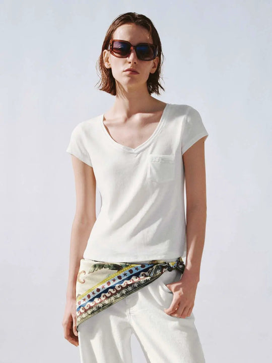 Embroidered Patch Pocket Cotton Linen T Shirt