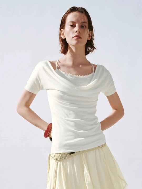 T-shirts skinny-fit 2 en 1 à col bénitier froncé