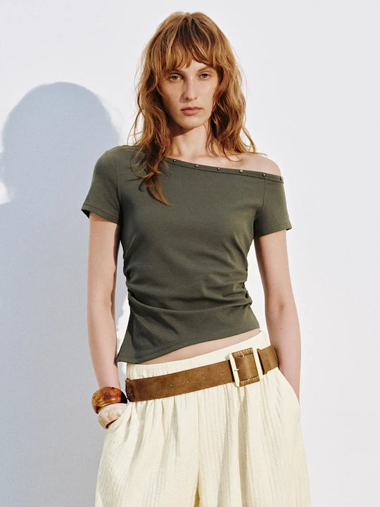 Cotton Blend One Shoulder Ruched T Shirts