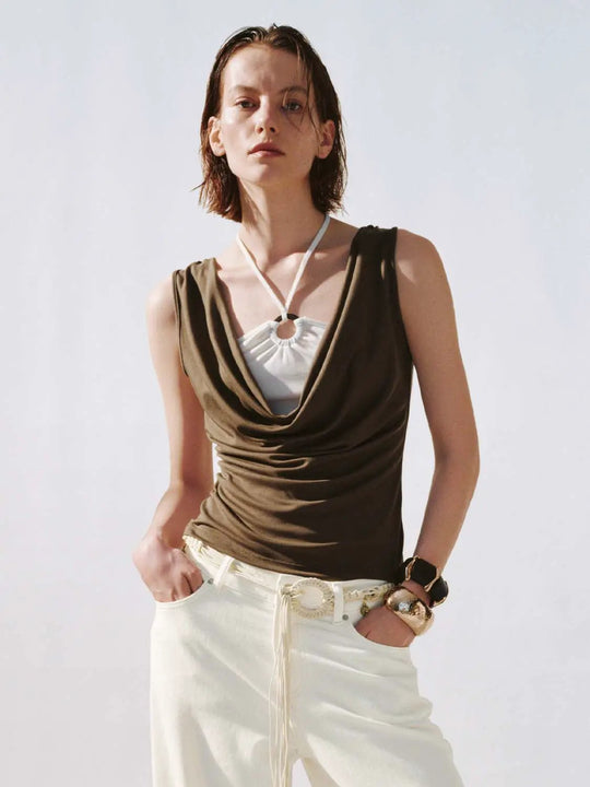 Lyocell Blend Contrast Cowl Neck Ruched T Shirts