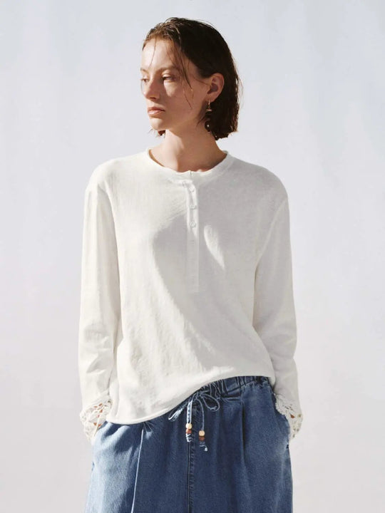 Cotton Blend Henley Neck Long Sleeve Lace Cuff T Shirts
