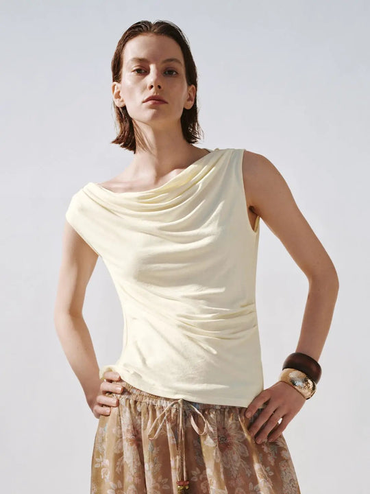 One Shoulder Cowl Neck Ruched T Shirt Top