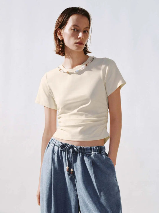 Cotton Blend Crew Neck With Twist Hem T Shirts