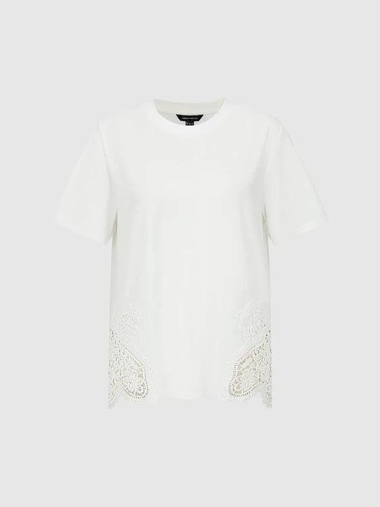 Cotton Crochet Lace Hem Crew Neck T-Shirts