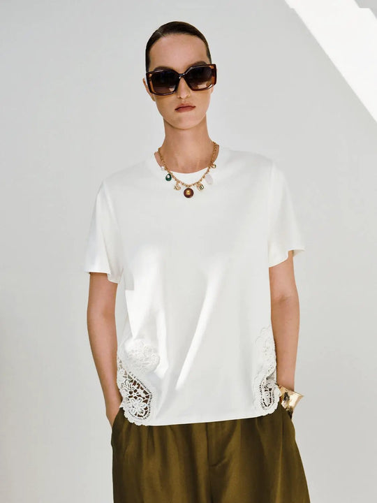 Cotton Crochet Lace Hem Crew Neck T-Shirts