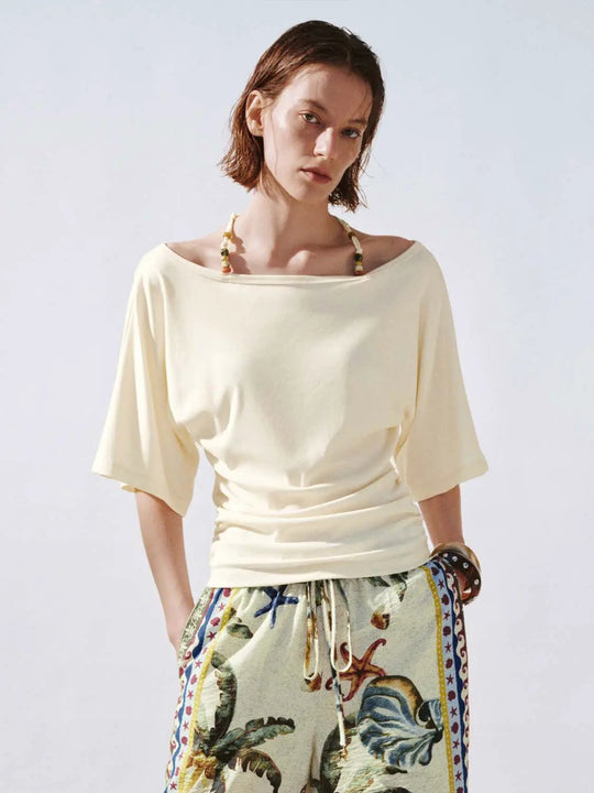 One-Shoulder Beaded Halter Ruched Cotton Blend Top