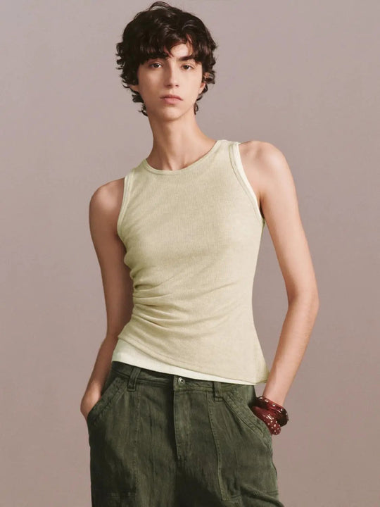 Contrast Ruched Crew Neck Tank Tops Lightweight