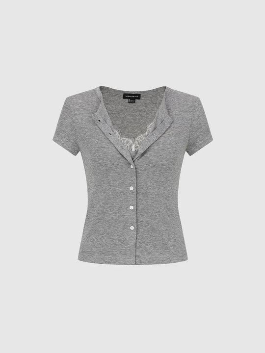 Lyocell Wool Blend Lace Button Front Top