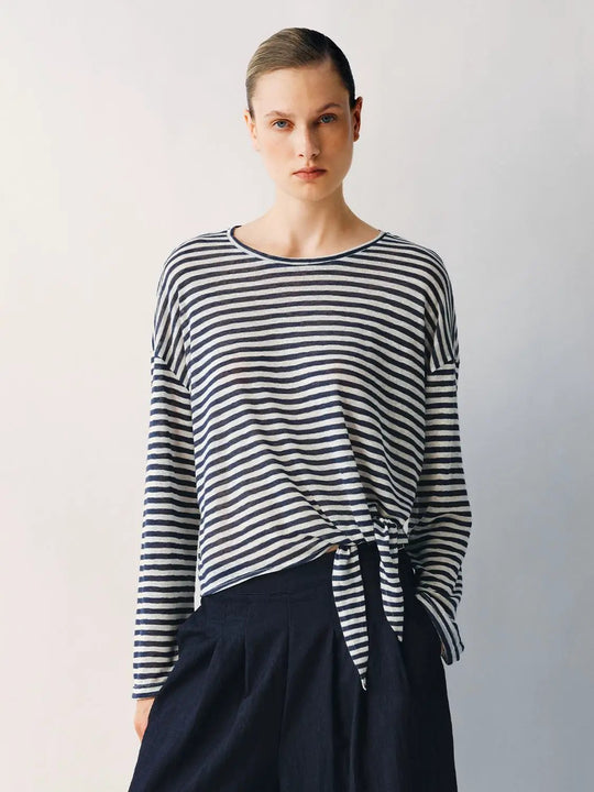 Relaxed Striped Tie Front Long Sleeve T-shirt