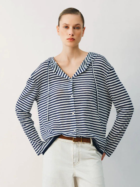 Striped Knit Hooded Button Front Long Sleeve Cardigan