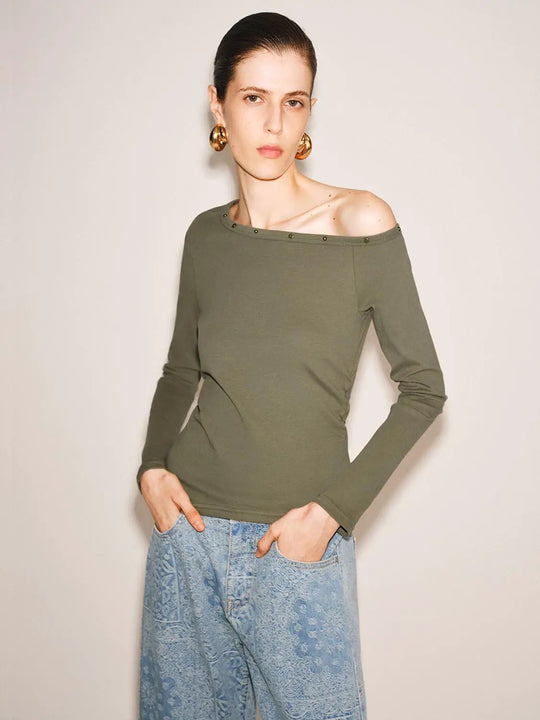 Asymmetric One Shoulder Studded Olive Cotton T-shirt
