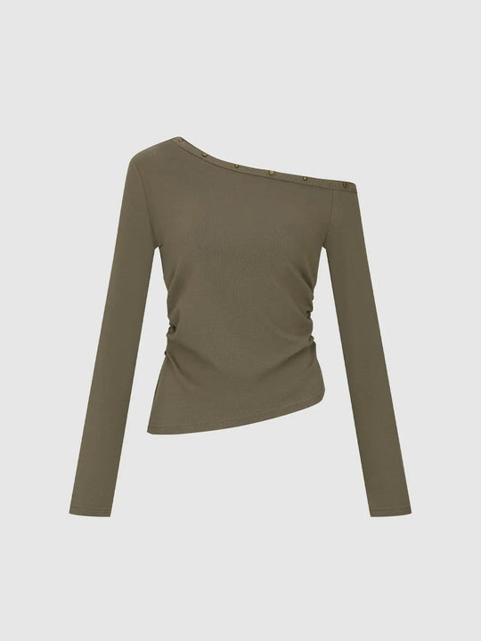 Asymmetric One Shoulder Studded Olive Cotton T-shirt