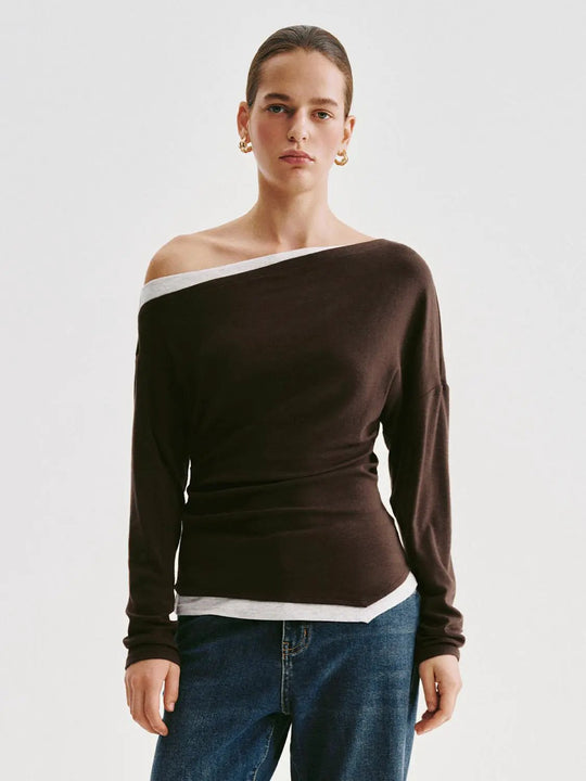 Brown One Shoulder Knit With White Trim Sweater