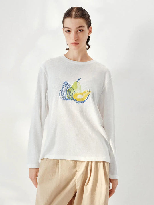 Long Sleeve Watercolor Fruit Print Cotton T-shirt