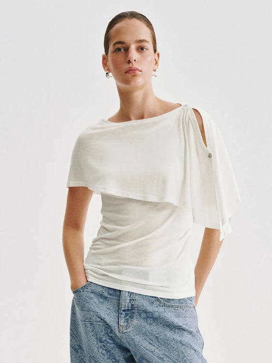 One Shoulder Draped Overlay Lyocell Linen Blend T-shirt