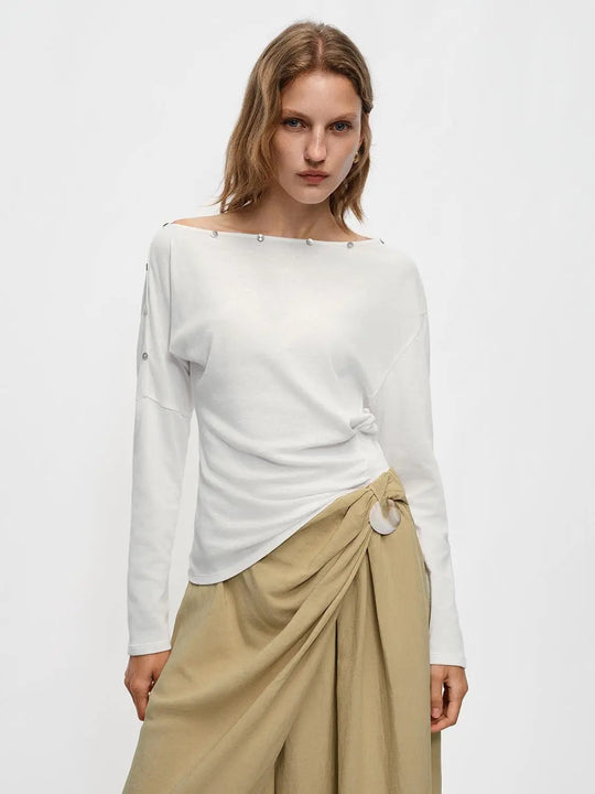 Pearl Button Long Sleeve Knit T-shirt