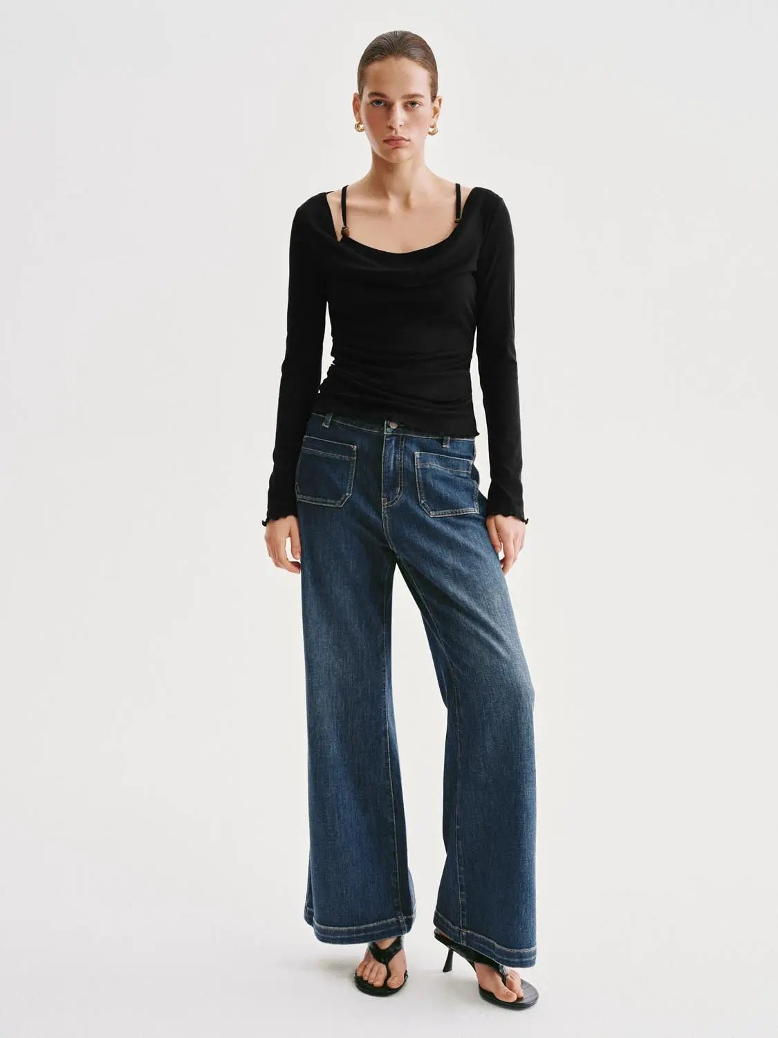 T-Shirt by Urban Revivo Fashion; black long-sleeve top with draped neckline, blue wide-leg jeans (2 items)