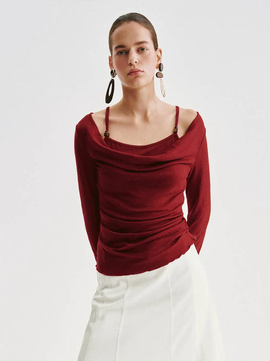Draped Cowl Neck Long Sleeve Knit T-shirt