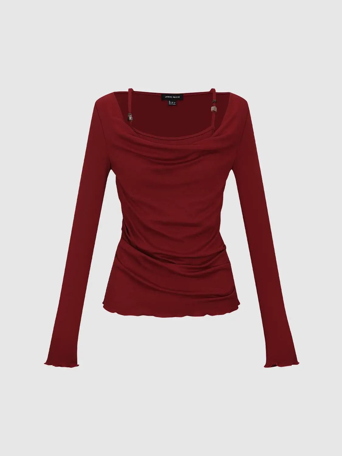 T-shirt by Urban Revivo in burgundy red with long sleeves and ruched front.