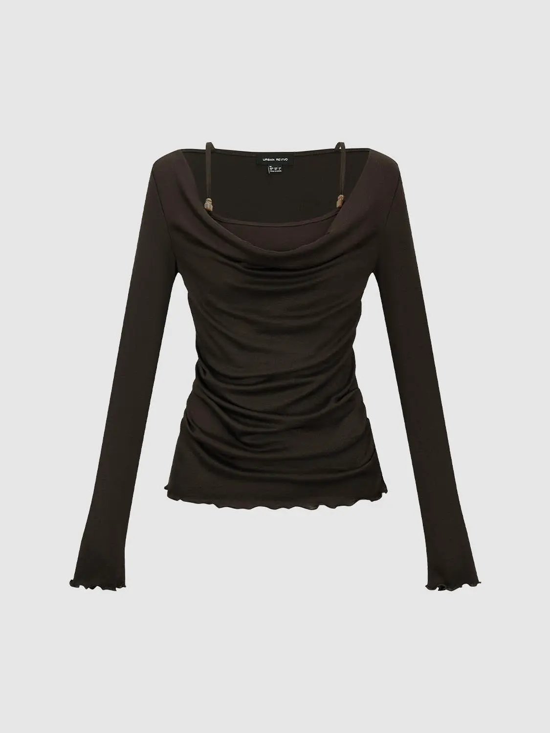 Urban Revivo brown long-sleeve ruched T-shirt with a draped front neckline