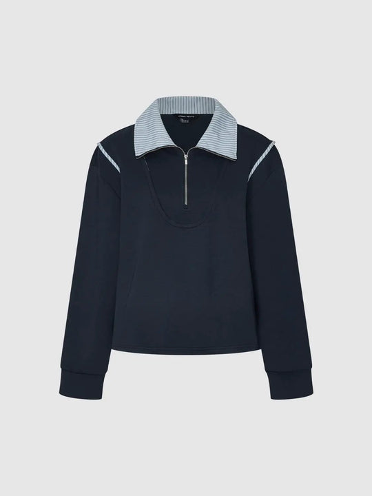 Langarm-Sweatshirt aus Baumwollmischung mit Streifen, halbem Reißverschluss und Kragen