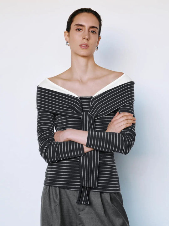 Ruched Striped Tie Front Boat Neck Long Sleeve Top