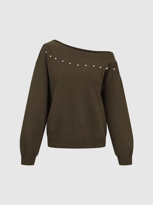 Langärmliges Sweatshirt mit schulterfreiem Schnitt und Perlendetail