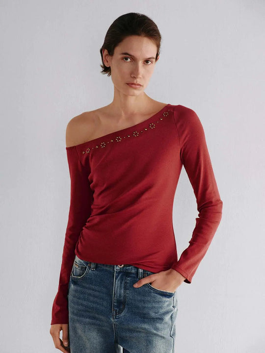Langärmeliges T-Shirt aus Baumwollmischgewebe mit Nieten, Raffungen und asymmetrischem Schnitt