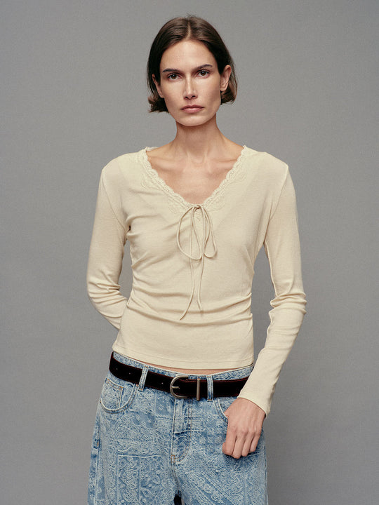 Lace Trim Front Tie V-Neck Ruched Long Sleeve T-Shirt