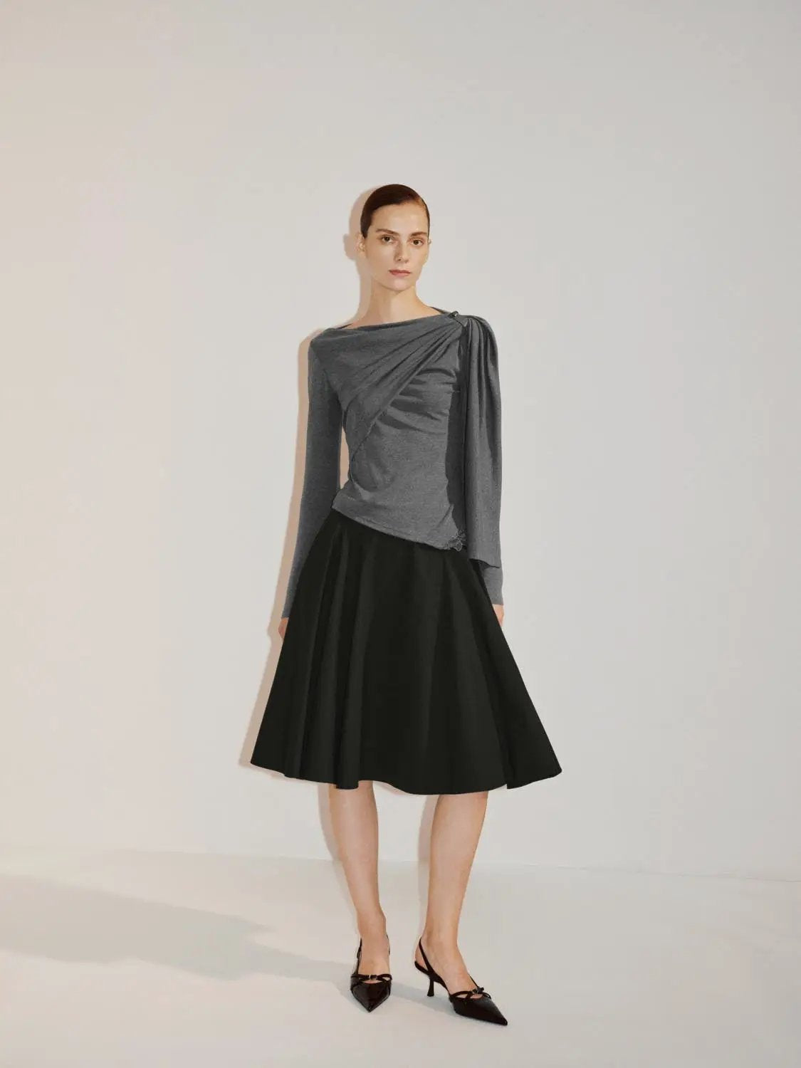 Draped One-Shoulder Long Sleeve Blouse in gray with asymmetric drape
