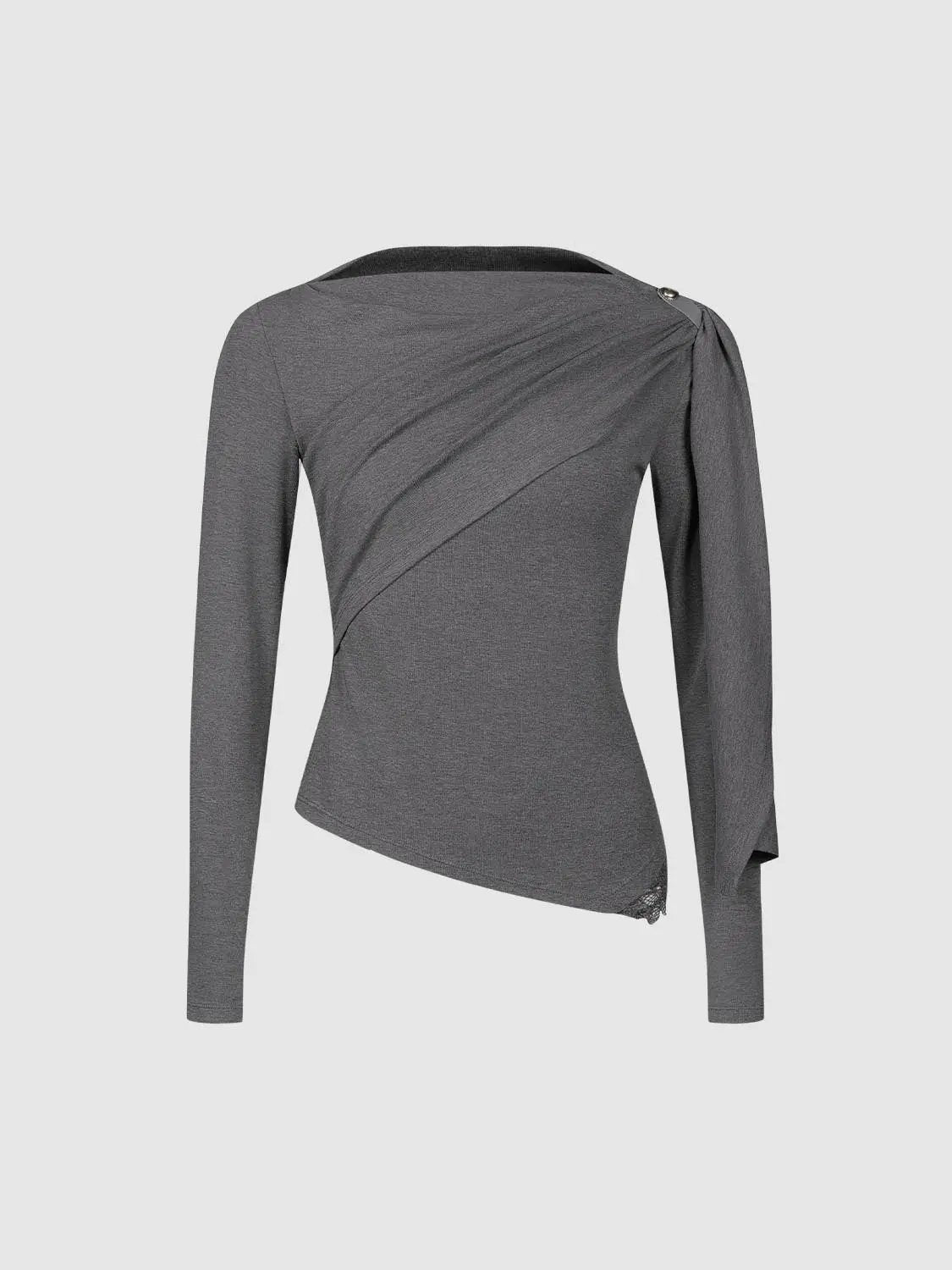 Draped One-Shoulder Long Sleeve Blouse in gray knit fabric with asymmetric hem and metal shoulder accent.