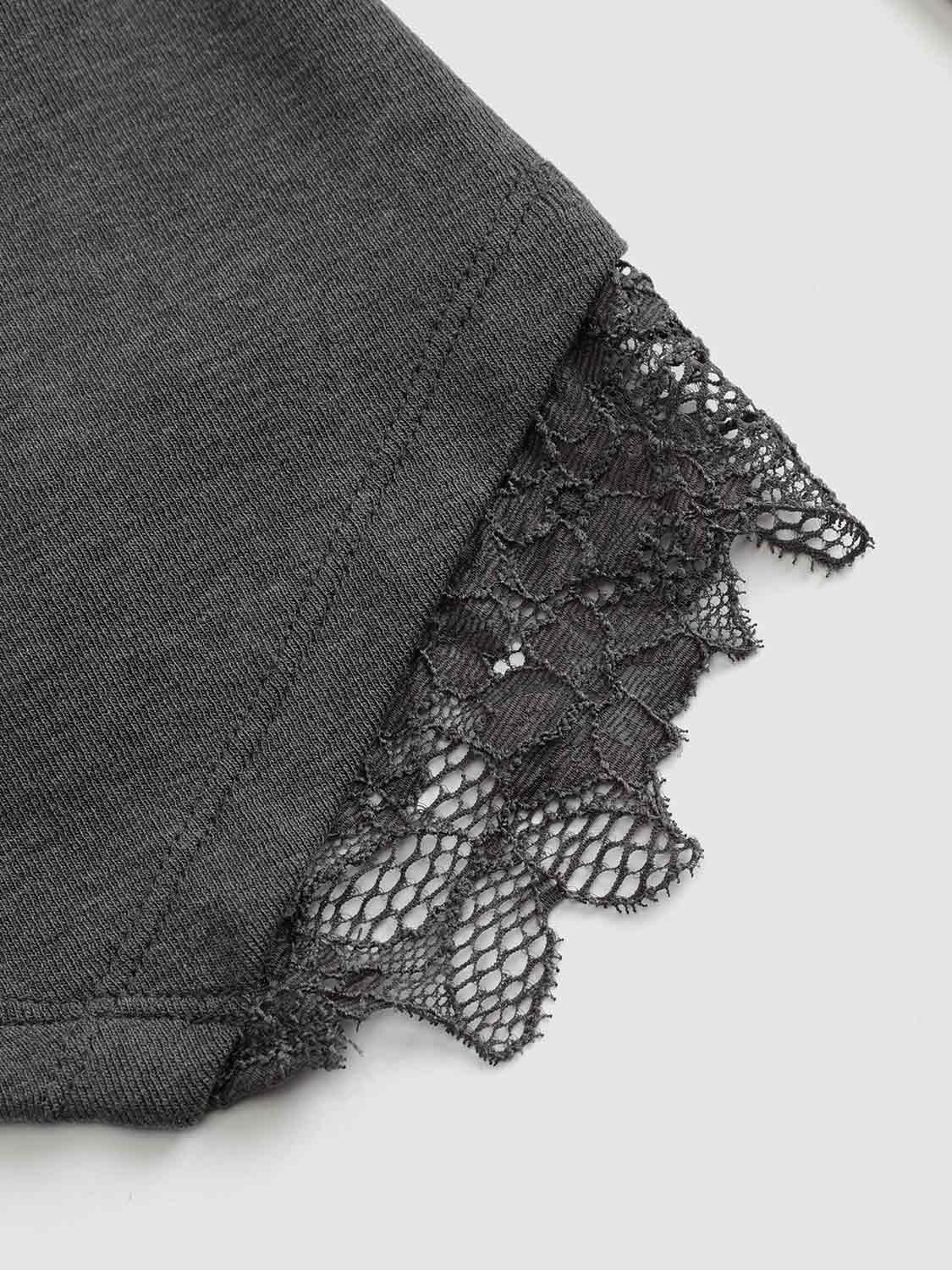 Draped one-shoulder long-sleeve blouse in charcoal knit with lace-trimmed sleeve edge