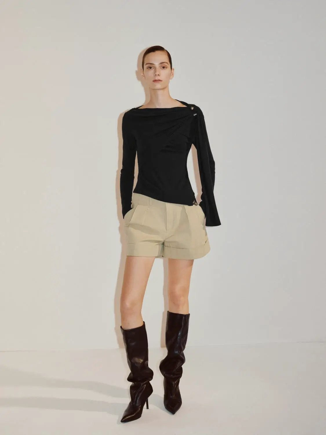 Draped One-Shoulder Long Sleeve Blouse, black with a draped neckline and shoulder detail