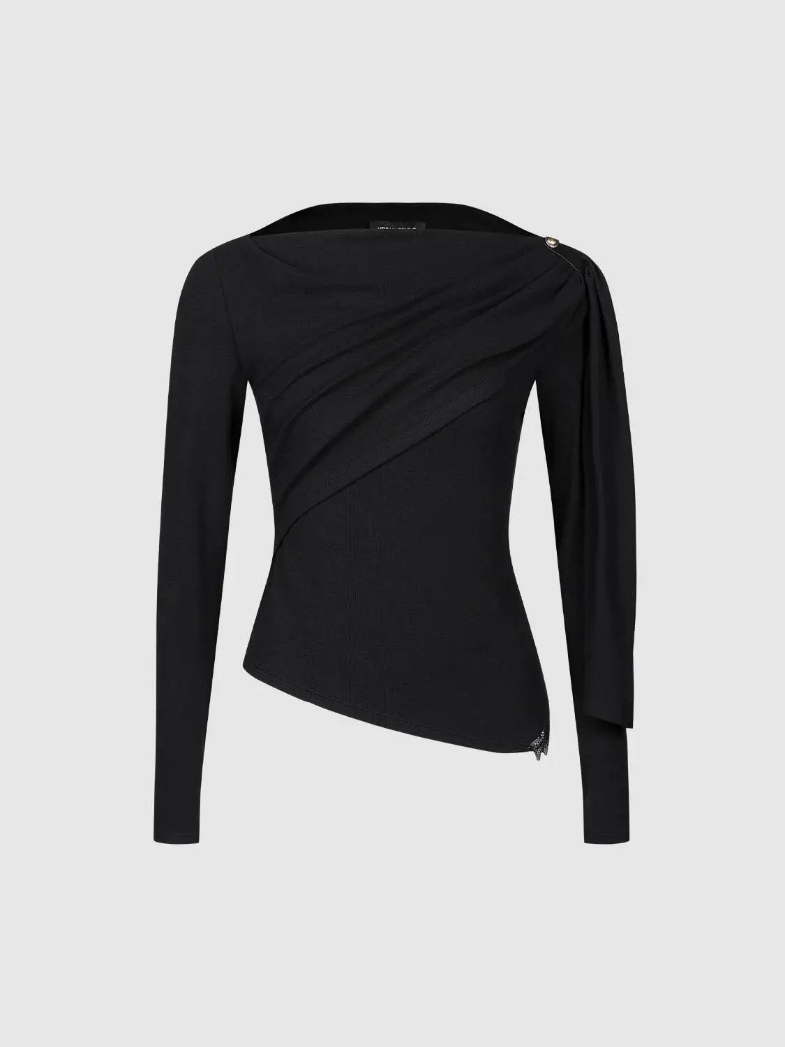 Draped One-Shoulder Long Sleeve Blouse in black with asymmetric hem, Urban Revivo.