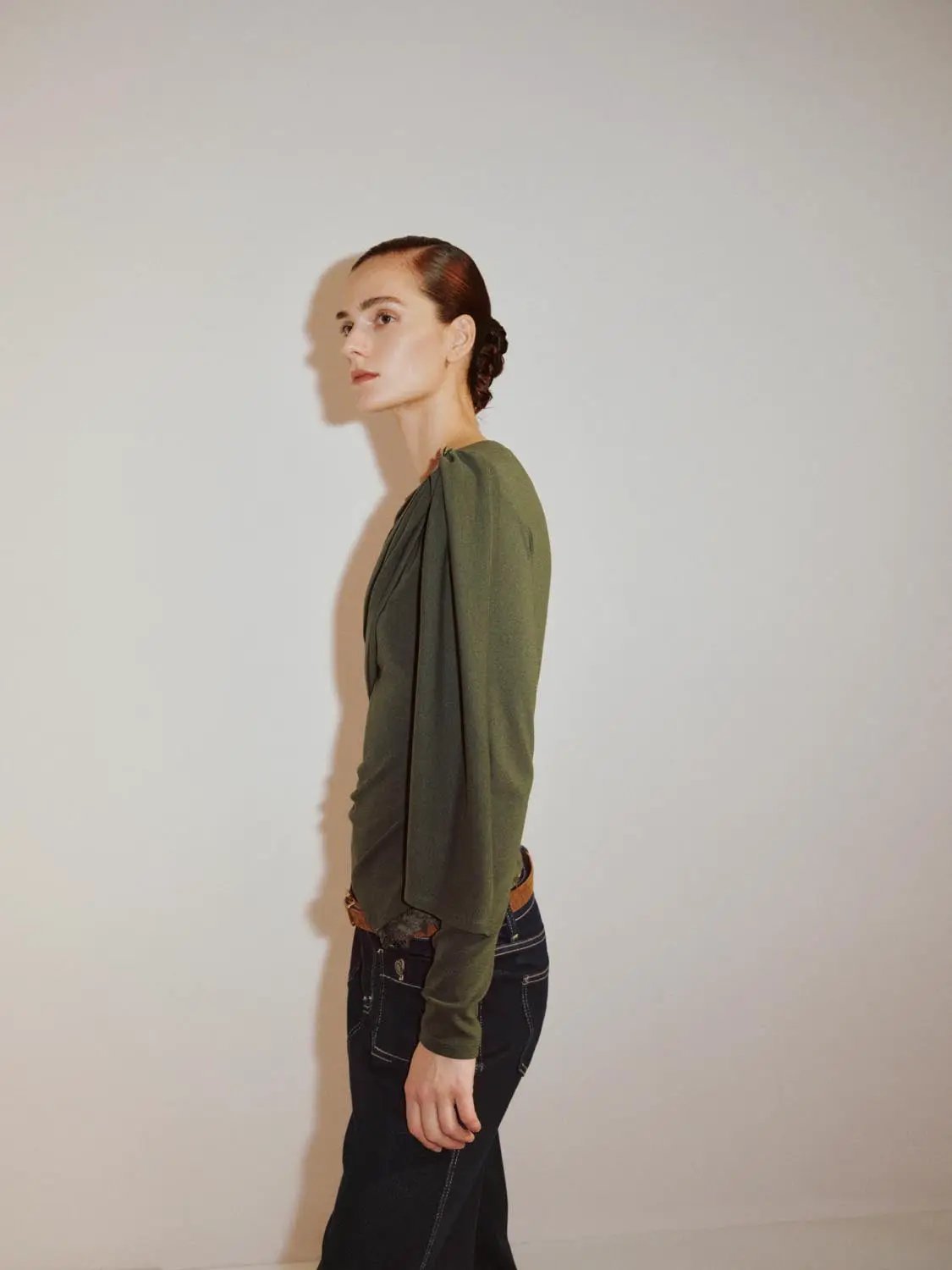 Draped One-Shoulder Long Sleeve Blouse in olive green by Urban Revivo Fashion