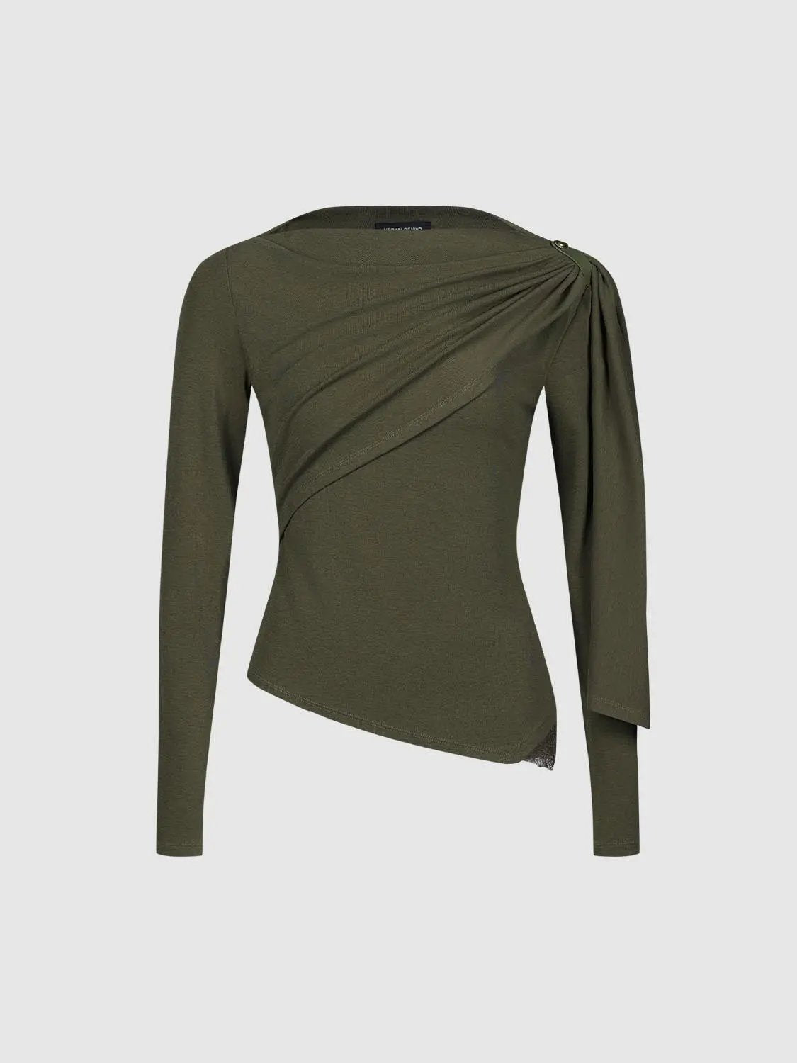 Draped One-Shoulder Long Sleeve Blouse in olive green from Urban Revivo Fashion; draped front, asymmetric hem.