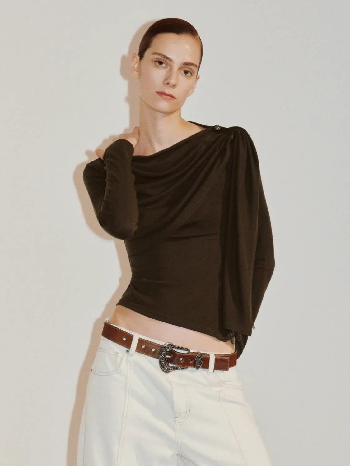 Draped One-Shoulder Long Sleeve Blouse in chocolate brown