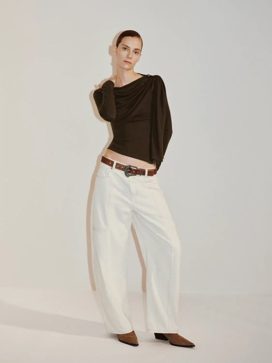 Draped One-Shoulder Long Sleeve Blouse in dark brown