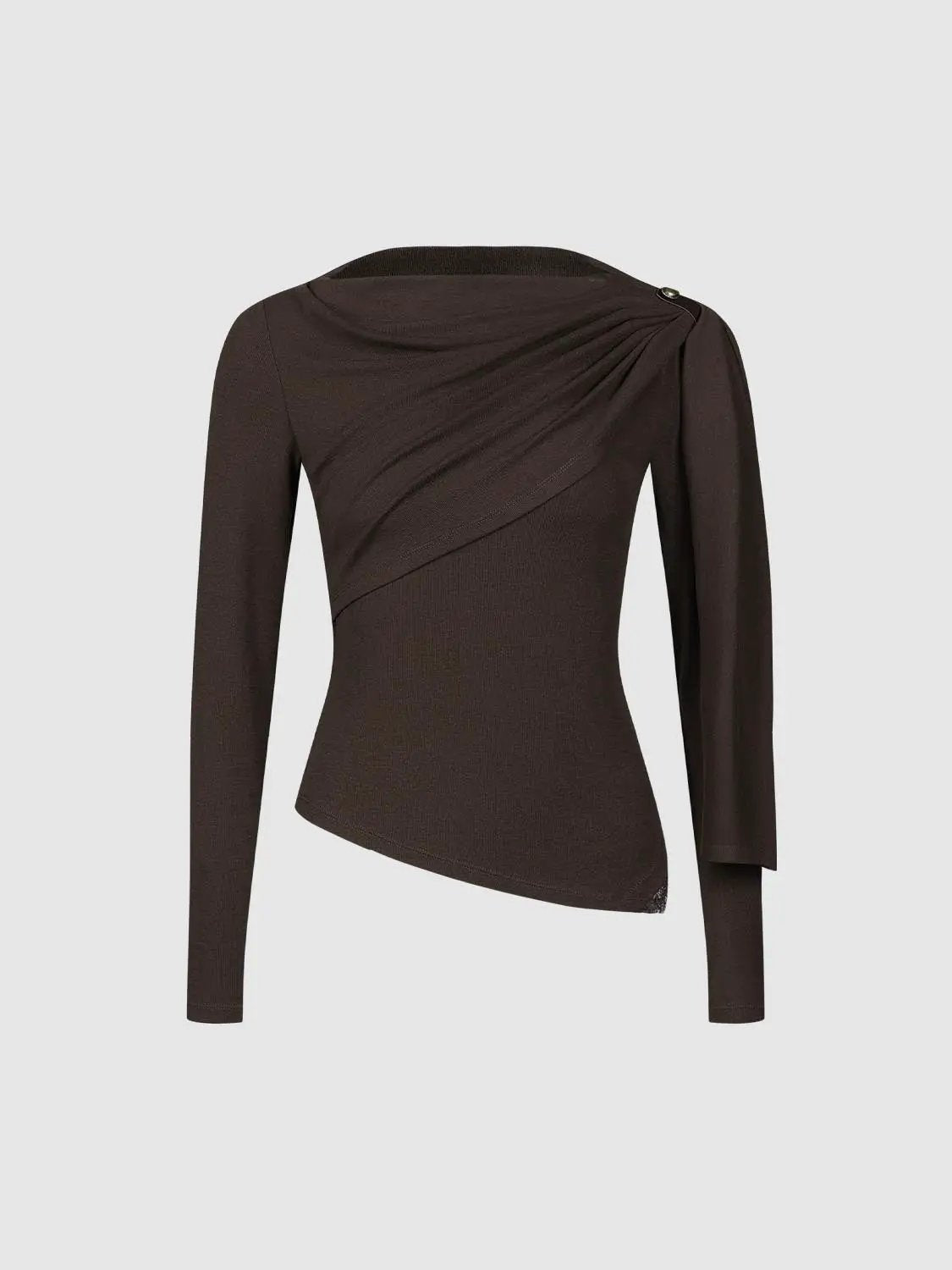 Draped one-shoulder long-sleeve blouse, brown knit fabric