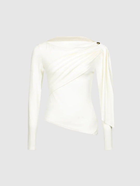 Weiße Langarmbluse mit drapiertem One-Shoulder-Ausschnitt
