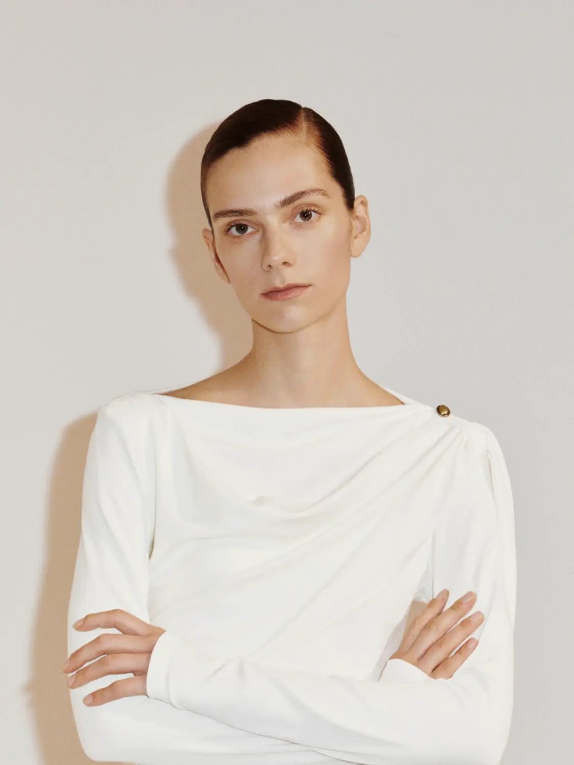 Draped One-Shoulder Long Sleeve Blouse, white, Urban Revivo Fashion