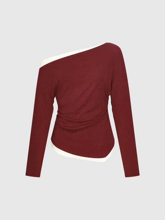 Ruched Colorblock Asymmetric Long Sleeve T-Shirt