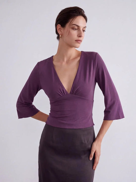 Solid Ruched Wrap Deep V-neck Long Sleeve Blouse
