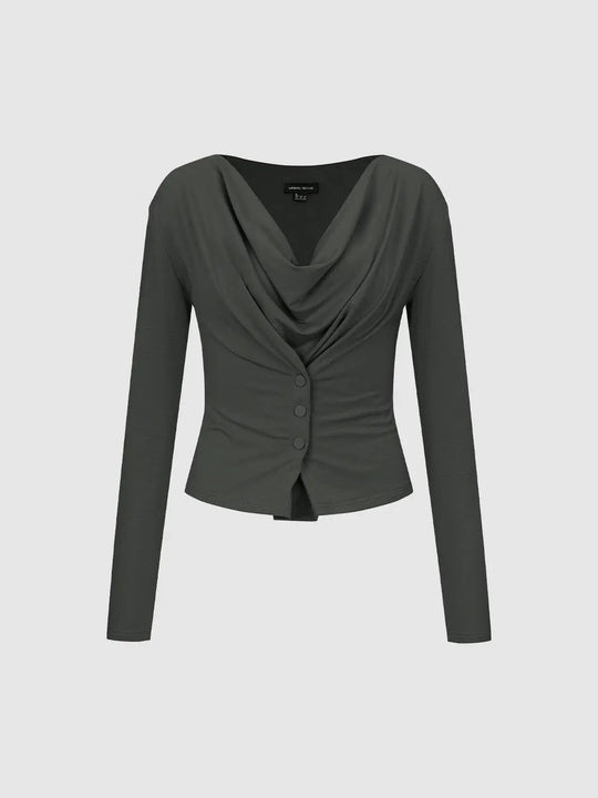 Ruched Draped Fitted V-neck Long Sleeve T-Shirt
