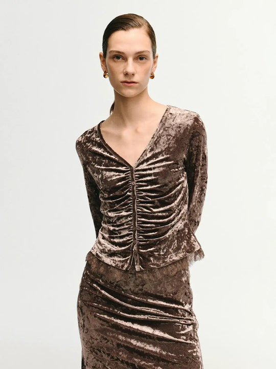 Ruched Textured Lace Hem Fitted V-neck Long Sleeve Blouse
