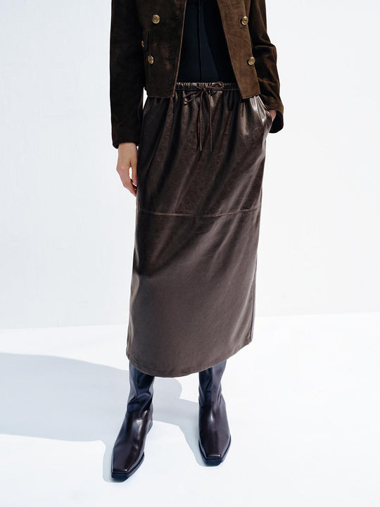 Faux Leather Pull On Midi Skirts