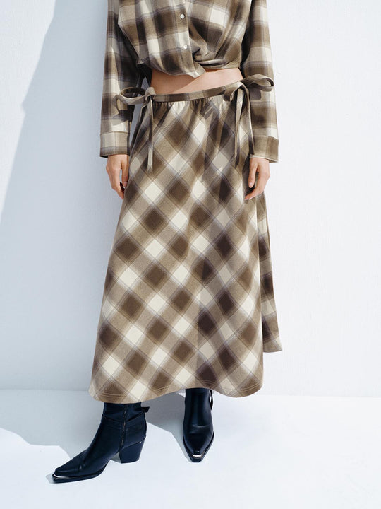 String Detail Check Midi Skirts